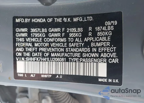 2020 Honda Civic Sport из США, поврежденный, VIN SHHFK7H41LU206081